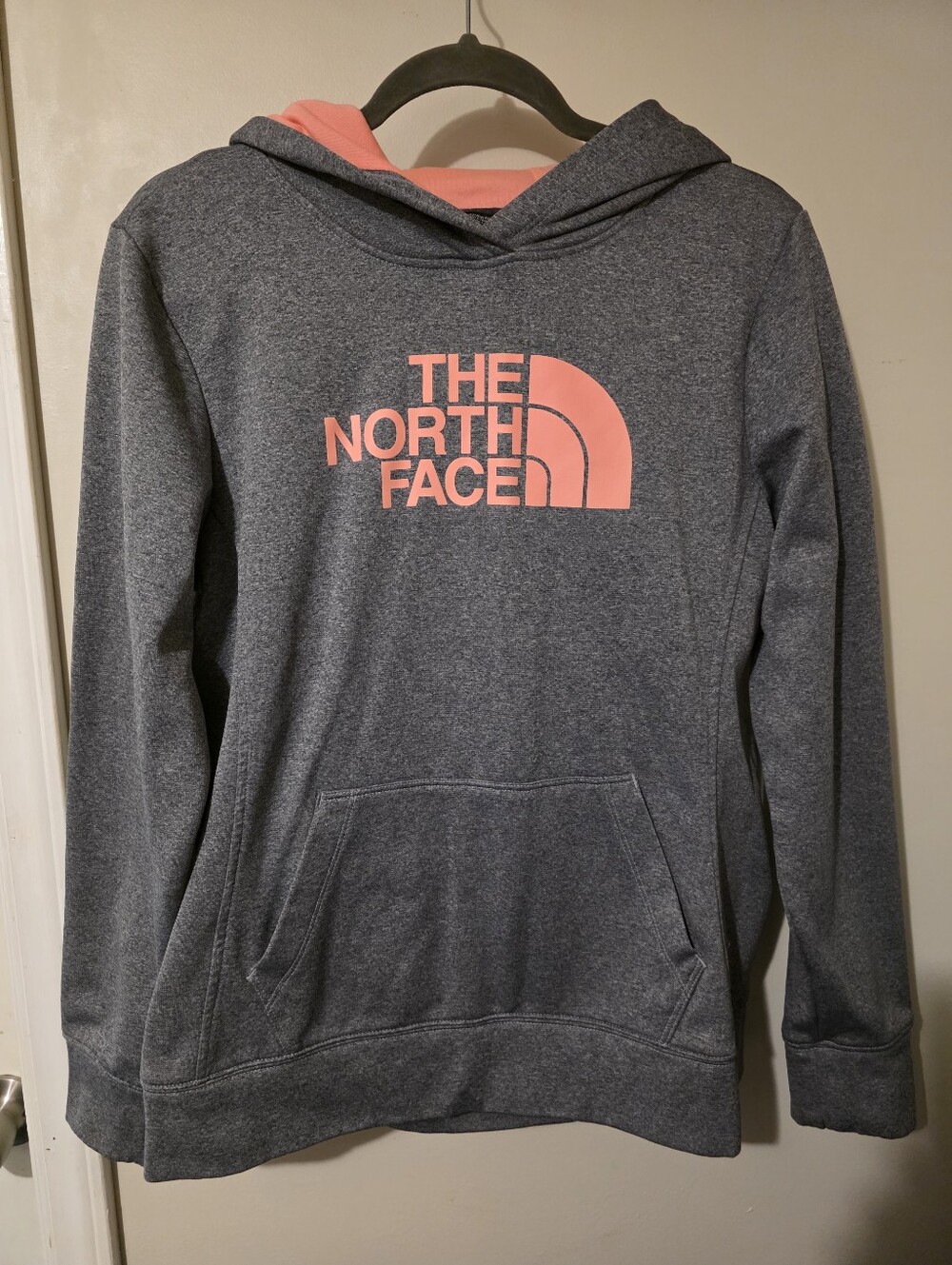 The North Face Women's Heather Gray Hoodie with Coral Logo, Size Lg